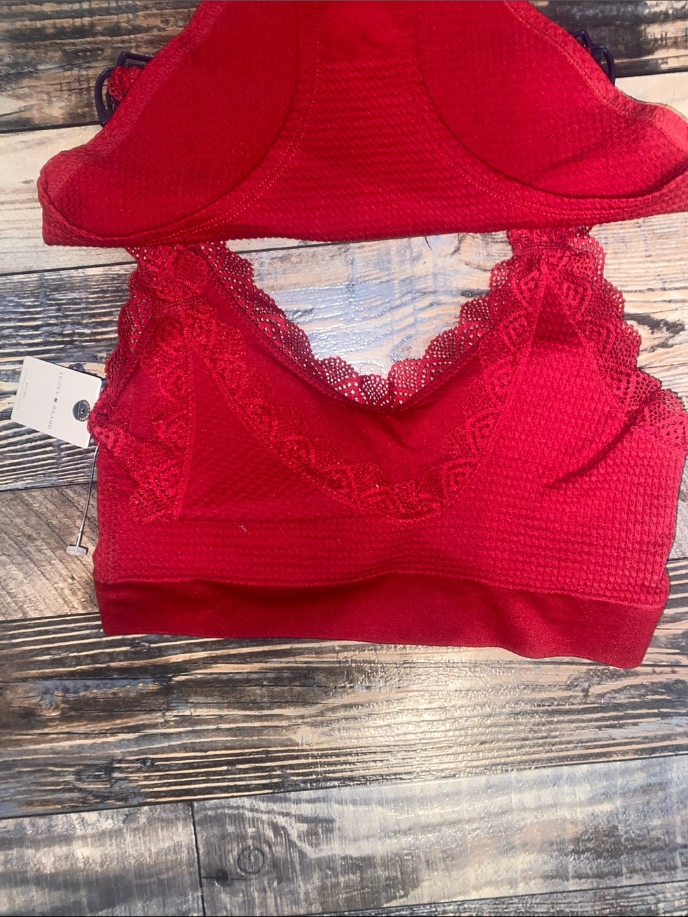 Lucky Brand Red Lace-Trim waffle padded bralette and panty - Picture 3 of 4